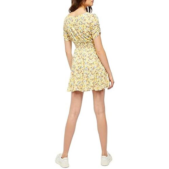 Free People Forget Me Not Mini Dress 8 Floral Ruched Short Sleeve Ivory Combo - Picture 2 of 15